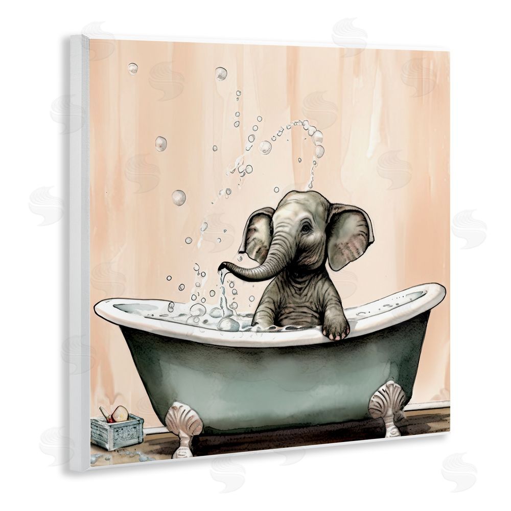 Sasha Baby Elephant Bubble Bath Wooden Wall Plaque Art Print