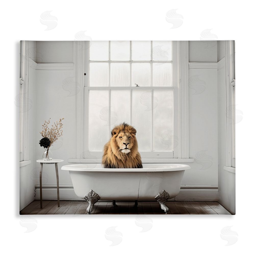 Sasha Minimalist Lion Bathtime Stretched Canvas Wall Art Print