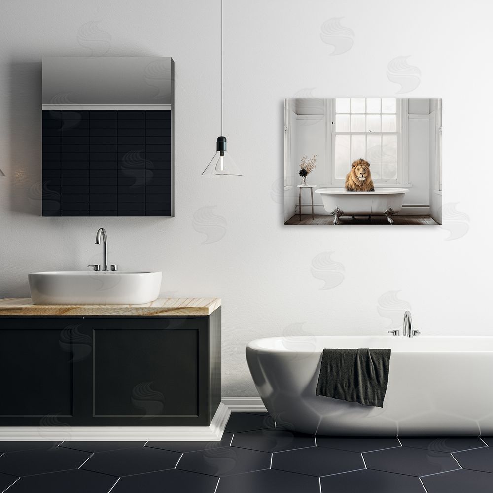 Sasha Minimalist Lion Bathtime Stretched Canvas Wall Art Print in Room