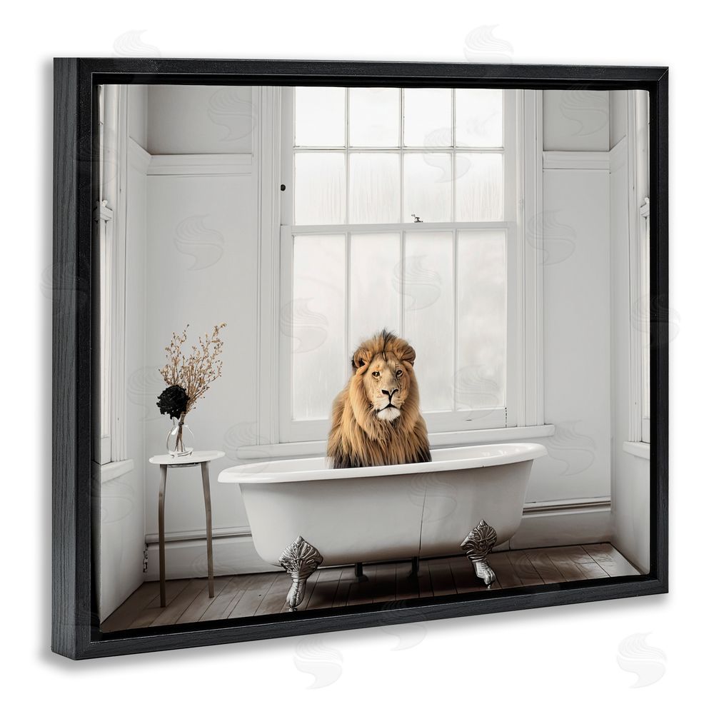 Sasha Minimalist Lion Bathtime Black Floating Frame Canvas Wall Art Print