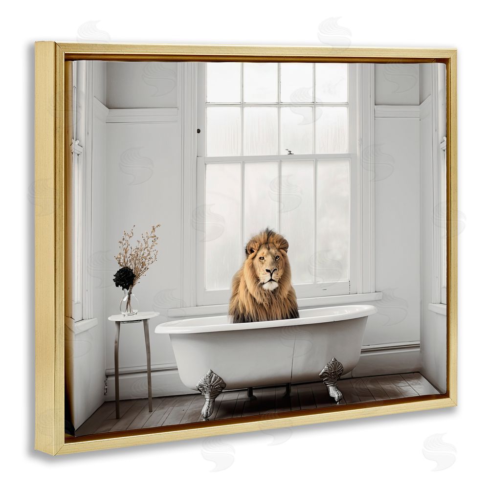 Sasha Minimalist Lion Bathtime Gold Floating Frame Canvas Wall Art Print