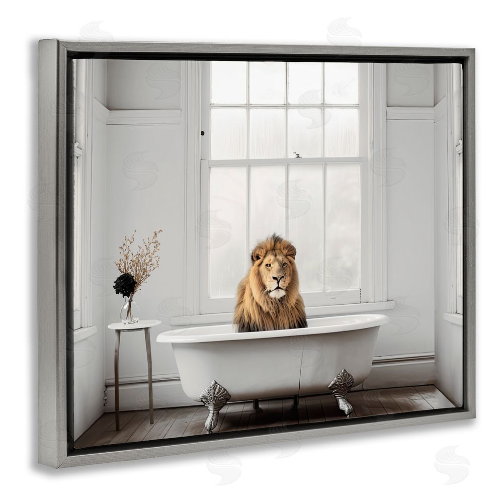 Sasha Minimalist Lion Bathtime Gray Floating Frame Canvas Wall Art Print