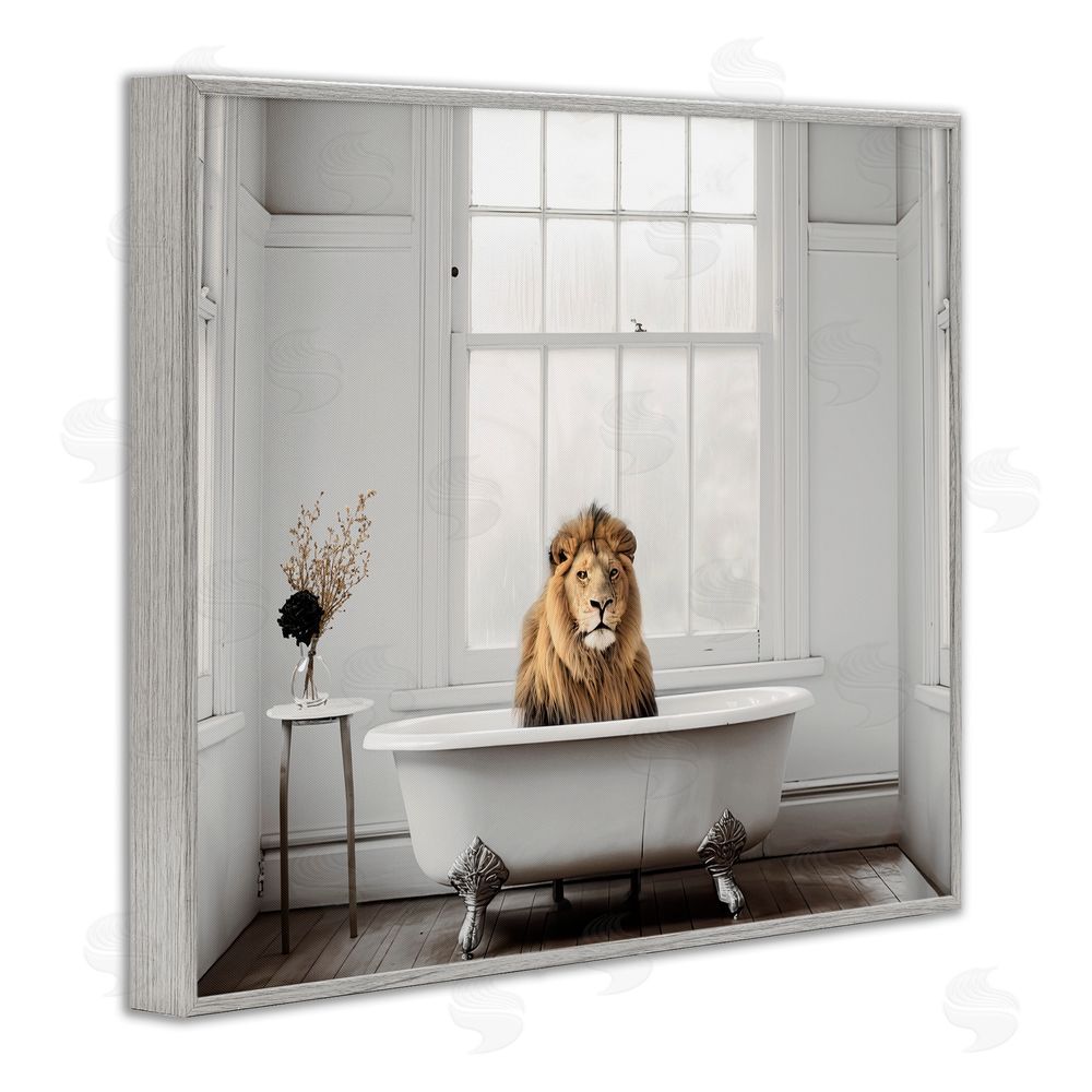 Sasha Minimalist Lion Bathtime Gray Framed Giclee Print Wall Art