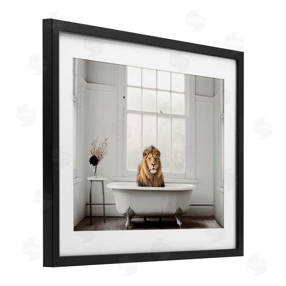 Sasha Minimalist Lion Bathtime Black Framed Print Under Glass Wall Art