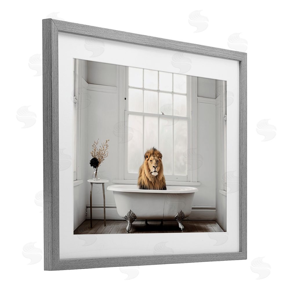 Sasha Minimalist Lion Bathtime Gray Framed Print Under Glass Wall Art