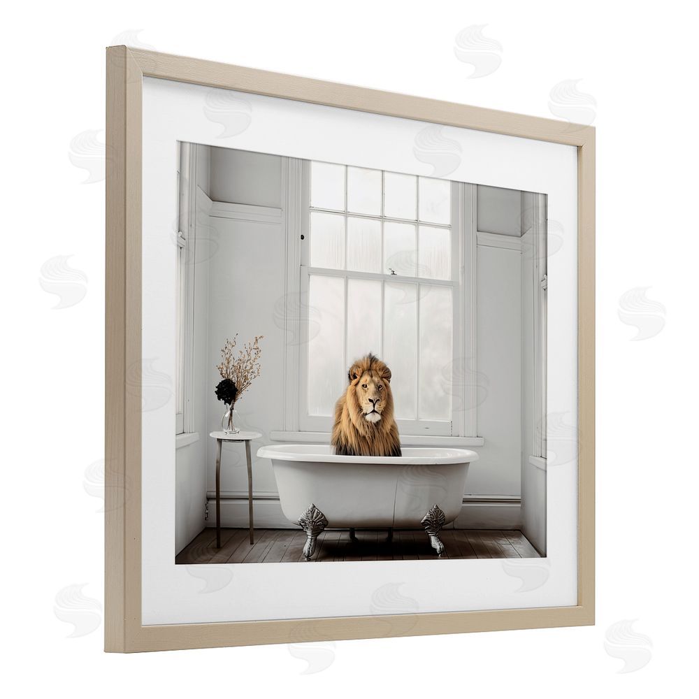 Sasha Minimalist Lion Bathtime Brown Framed Print Under Glass Wall Art