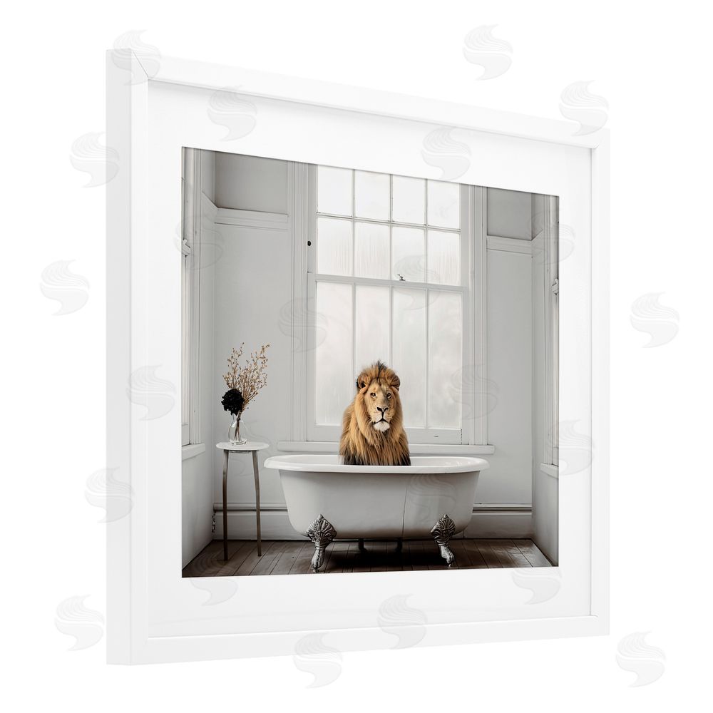 Sasha Minimalist Lion Bathtime White Framed Print Under Glass Wall Art