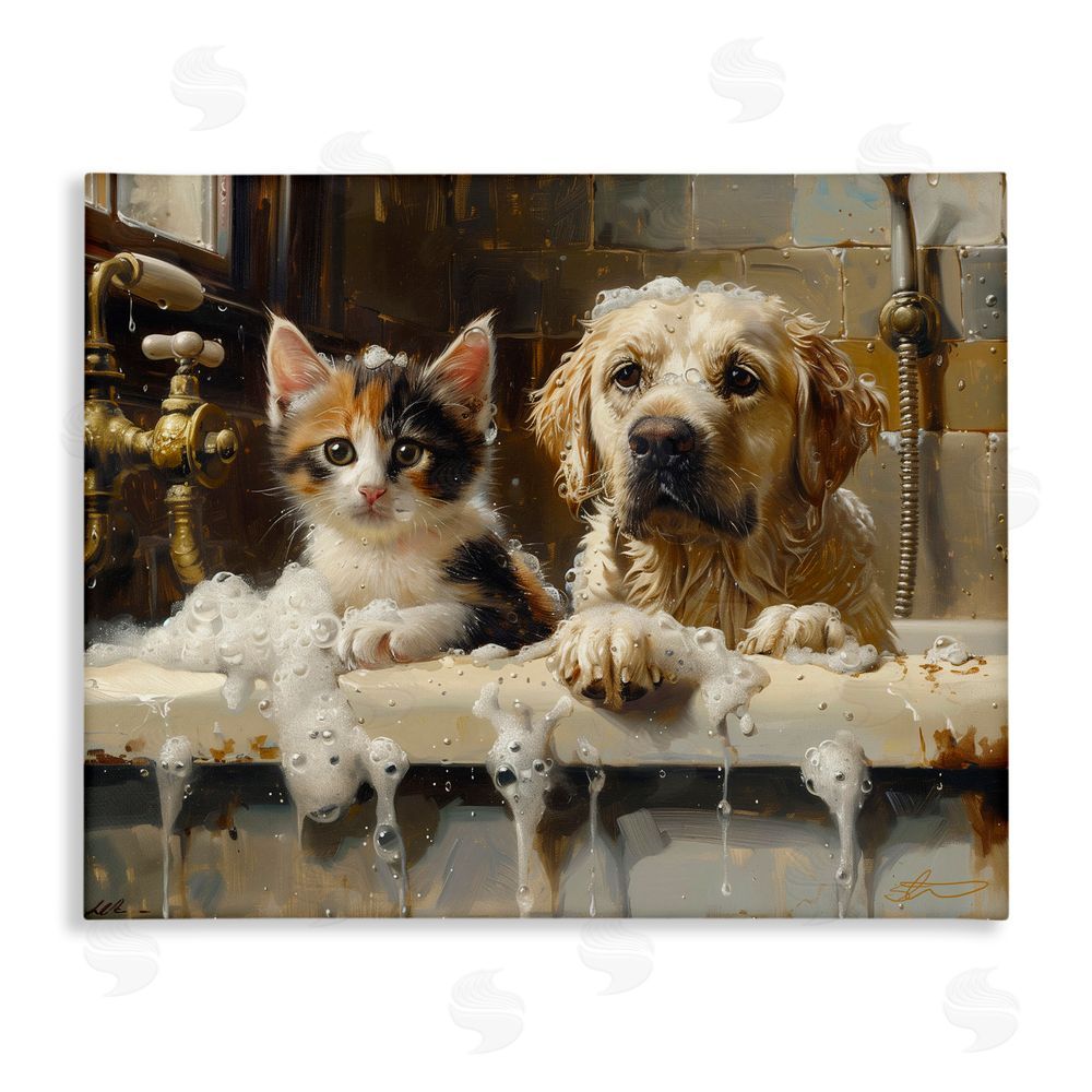 Shawna Stewart Bath Buddies Cat & Dog Stretched Canvas Wall Art Print