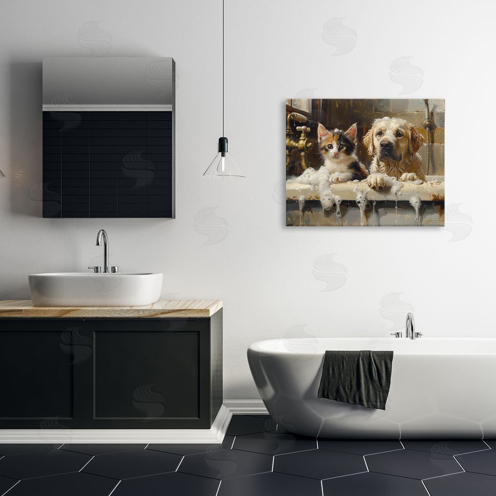 Shawna Stewart Bath Buddies Cat & Dog Stretched Canvas Wall Art Print in Room