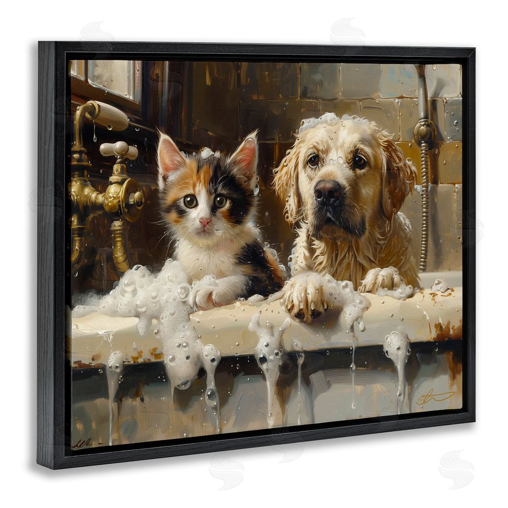 Shawna Stewart Bath Buddies Cat & Dog Black Floating Frame Canvas Wall Art Print