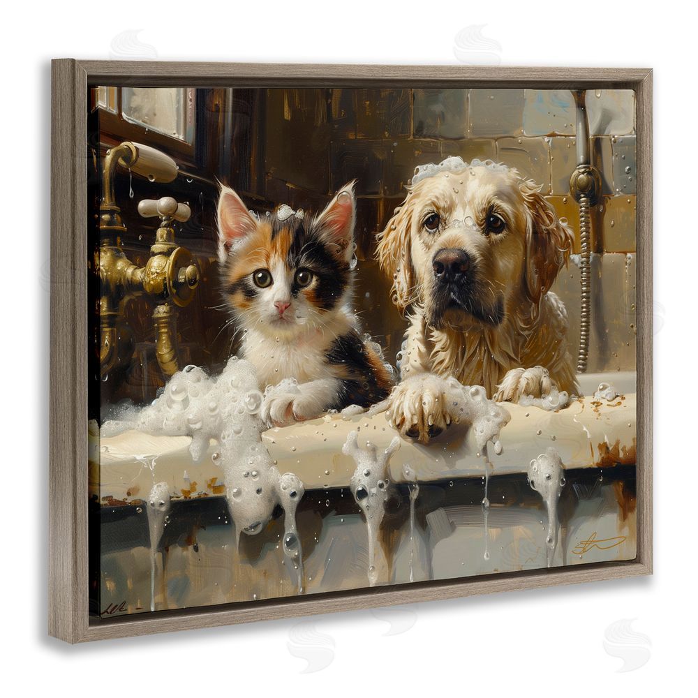 Shawna Stewart Bath Buddies Cat & Dog Brown Floating Frame Canvas Wall Art Print