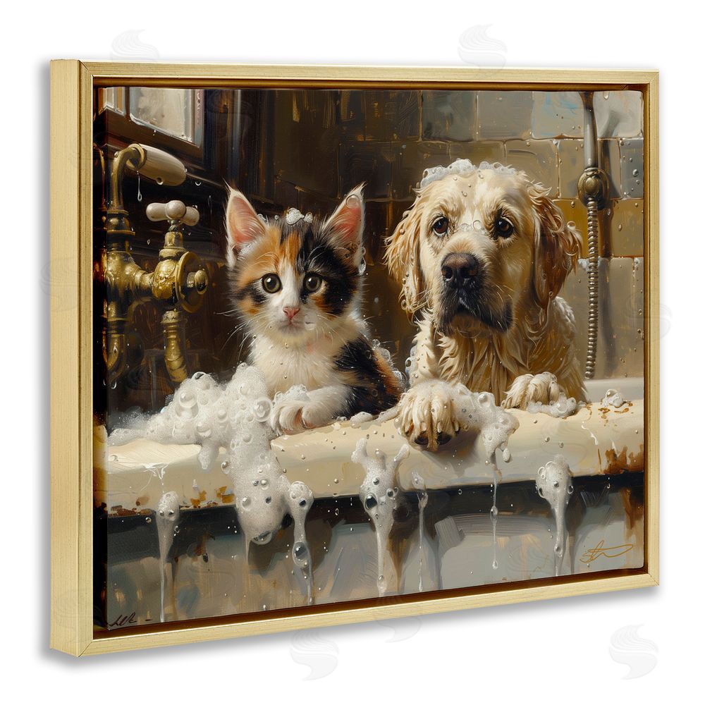 Shawna Stewart Bath Buddies Cat & Dog Gold Floating Frame Canvas Wall Art Print