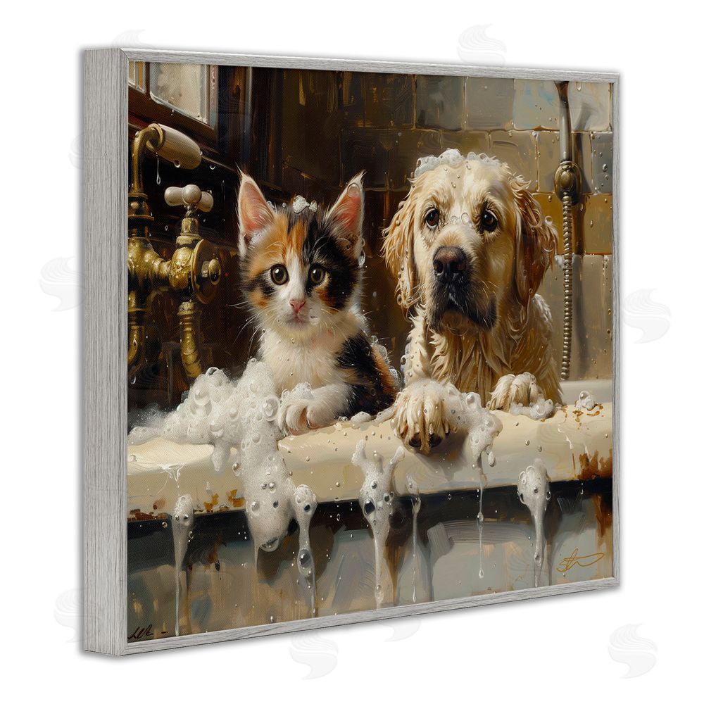 Shawna Stewart Bath Buddies Cat & Dog Gray Framed Giclee Print Wall Art