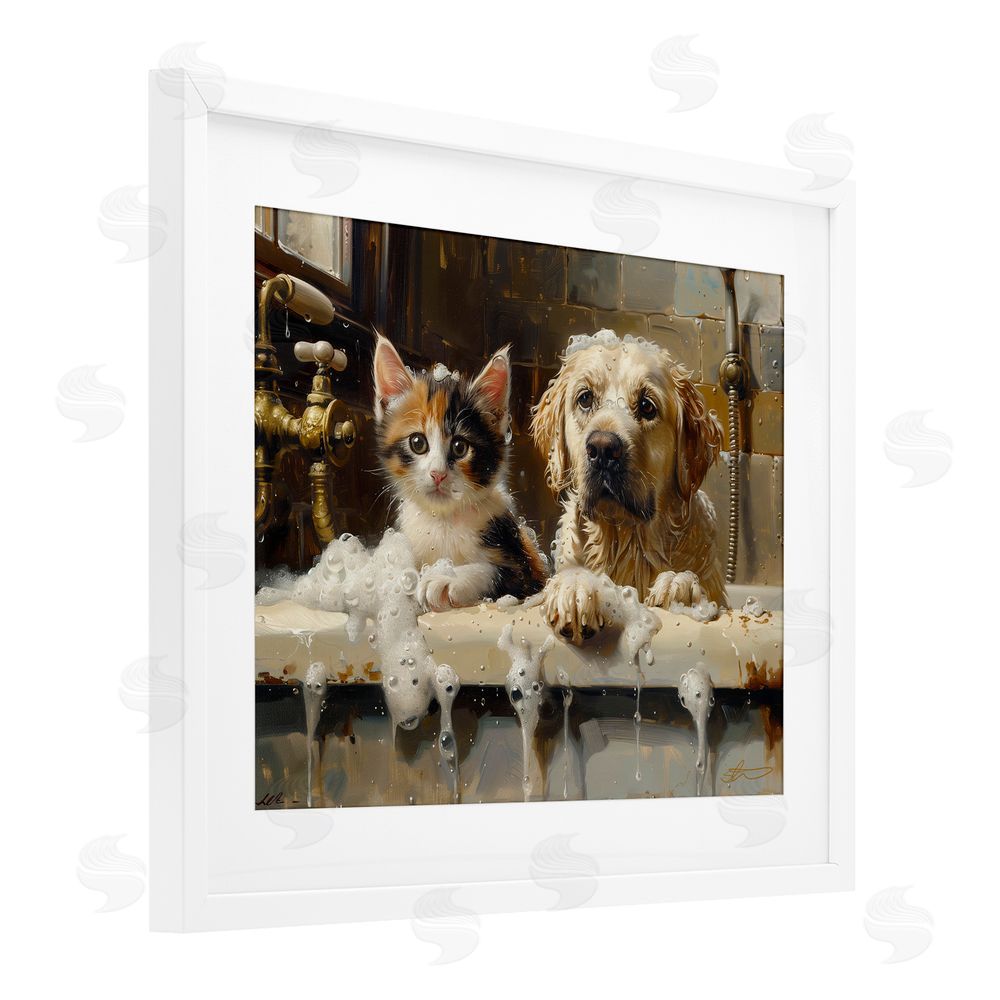Shawna Stewart Bath Buddies Cat & Dog White Framed Print Under Glass Wall Art