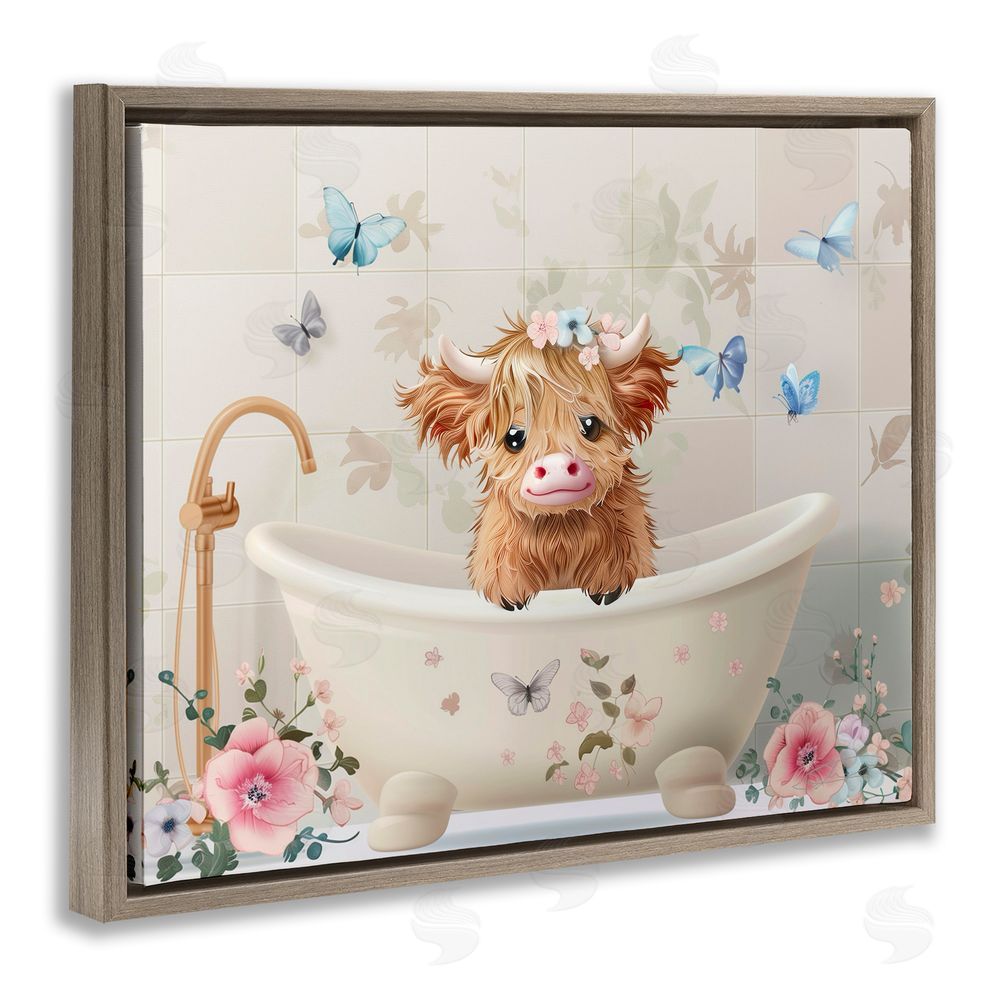 Shawna Stewart Baby Cattle in Floral Tub Brown Floating Frame Canvas Wall Art Print