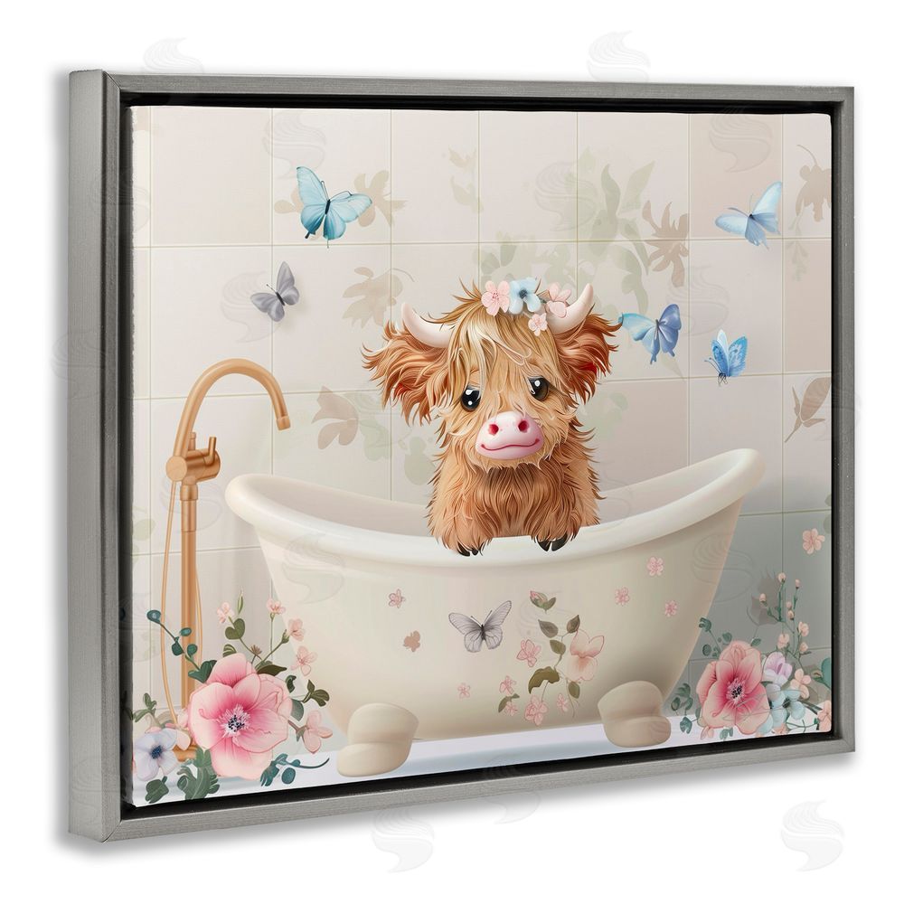 Shawna Stewart Baby Cattle in Floral Tub Gray Floating Frame Canvas Wall Art Print