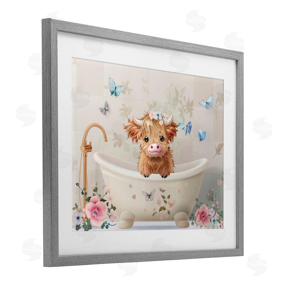 Shawna Stewart Baby Cattle in Floral Tub Gray Framed Print Under Glass Wall Art
