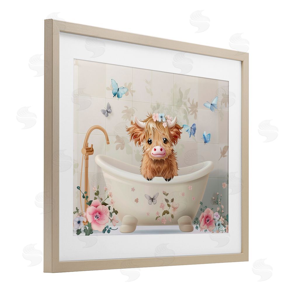 Shawna Stewart Baby Cattle in Floral Tub Brown Framed Print Under Glass Wall Art