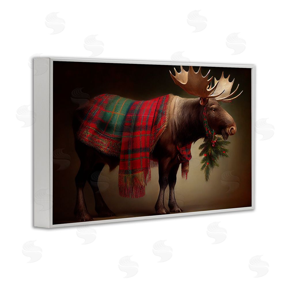 Sasha Festive Moose with Plaid White Framed Giclee Wall Art Print