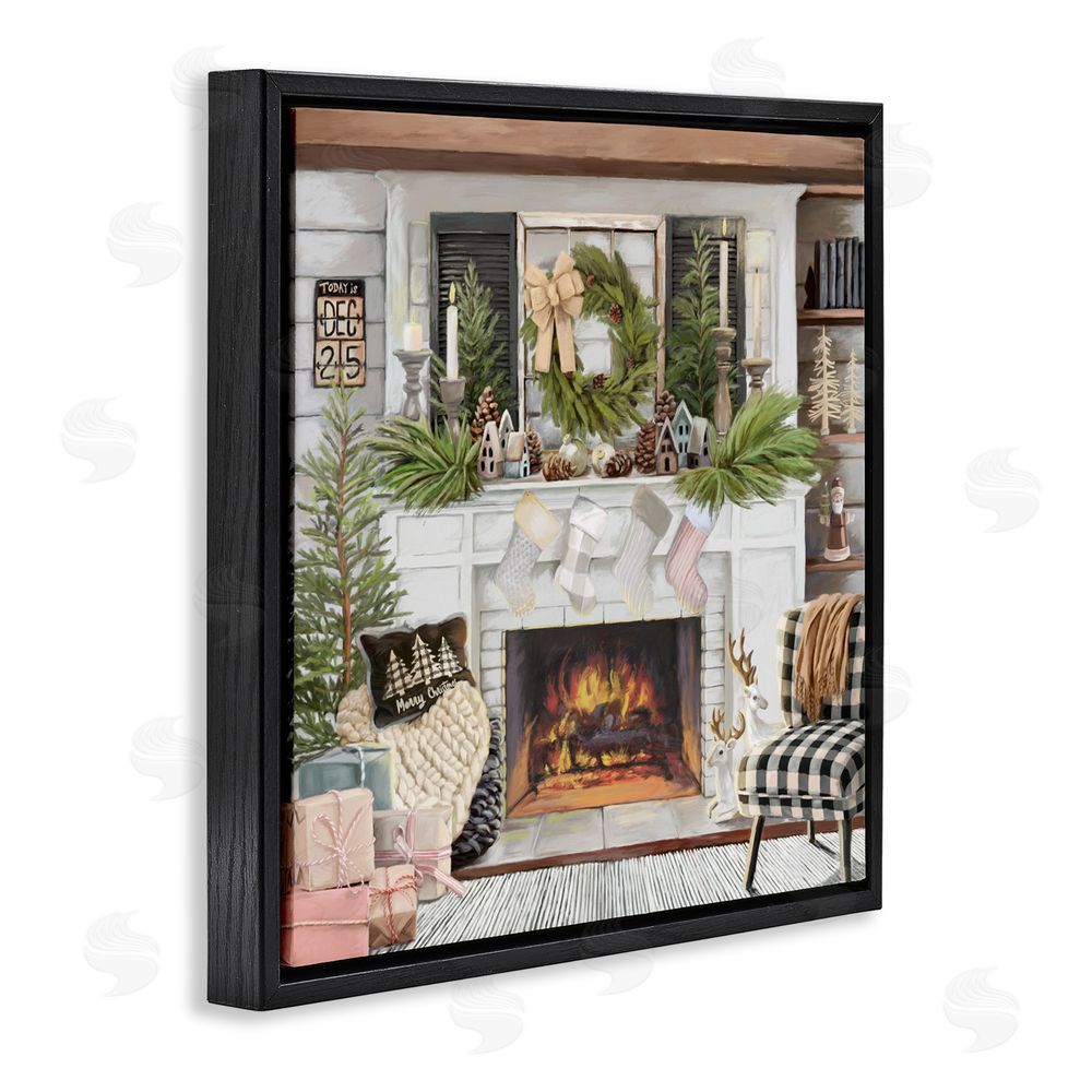 Nicky Boehme Cozy Fireplace Holiday Black Floating Frame Canvas Wall Art Print