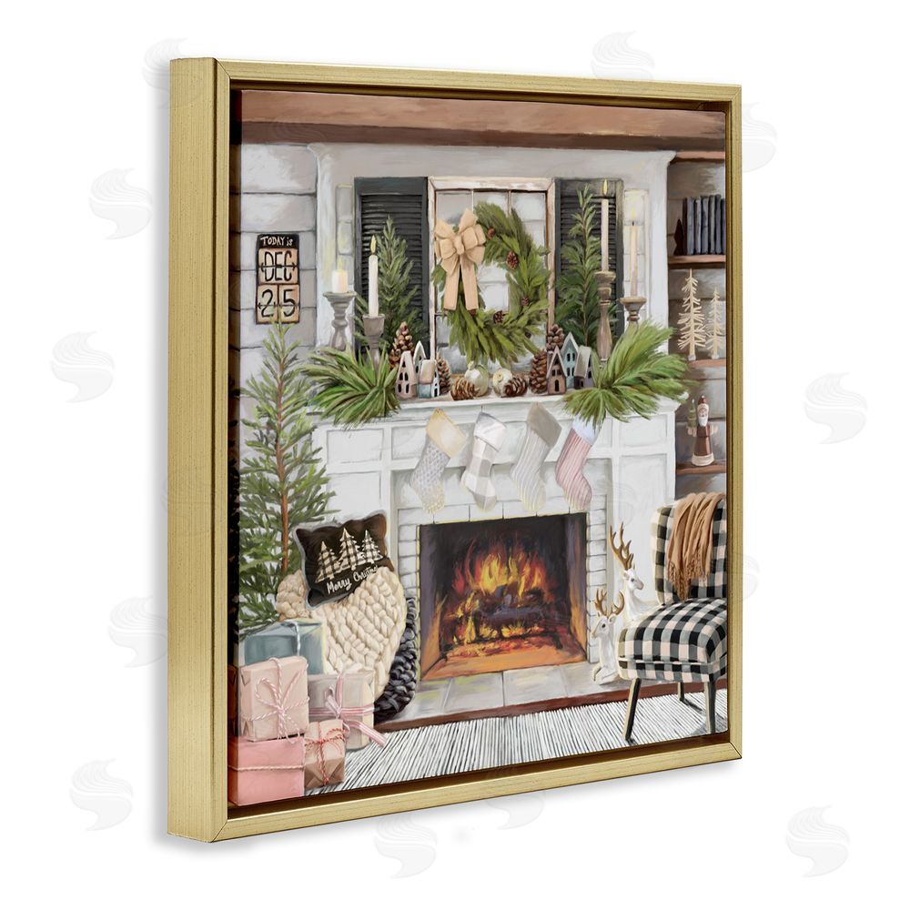 Nicky Boehme Cozy Fireplace Holiday Gold Floating Frame Canvas Art Print