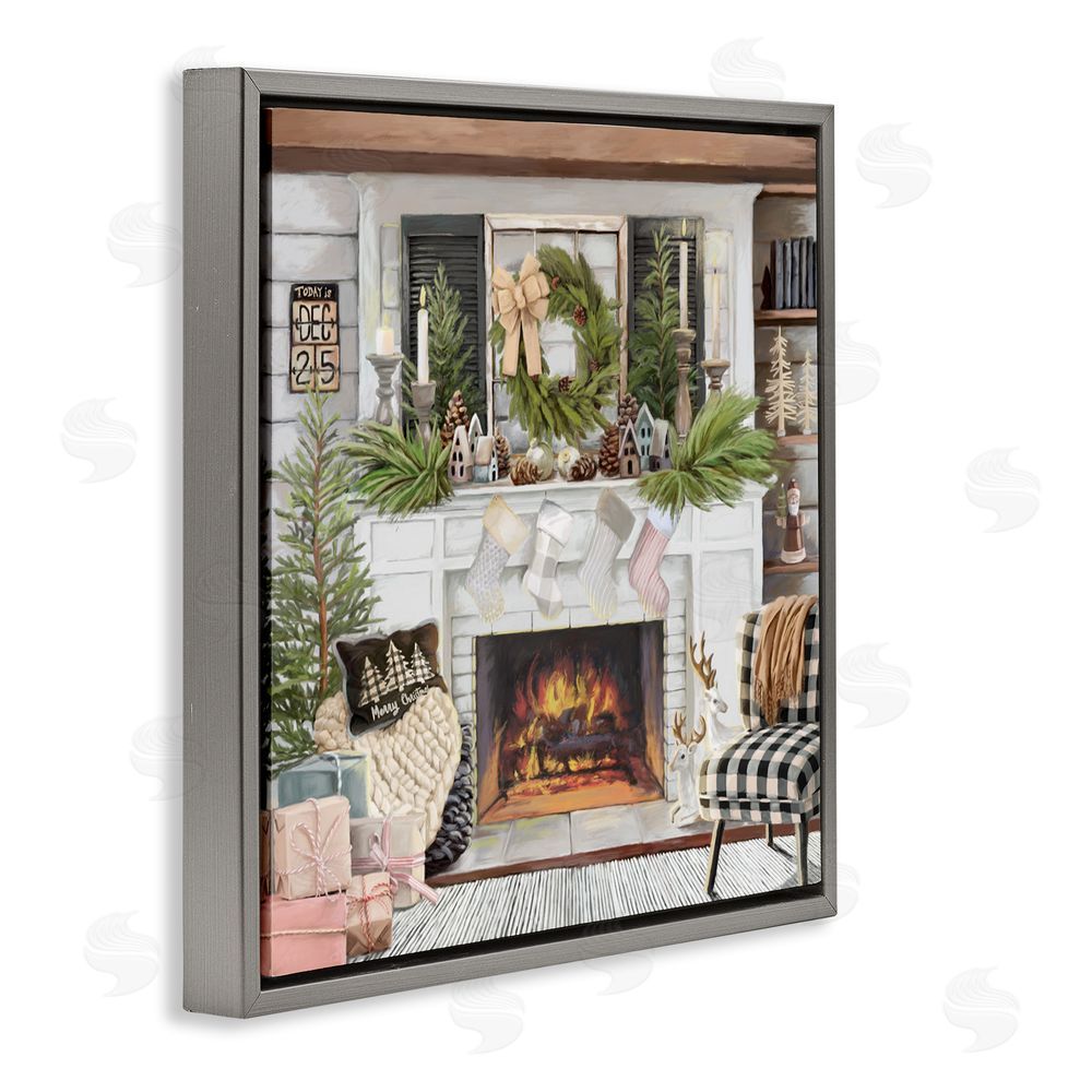 Nicky Boehme Cozy Fireplace Holiday Gray Floating Frame Canvas Art Print