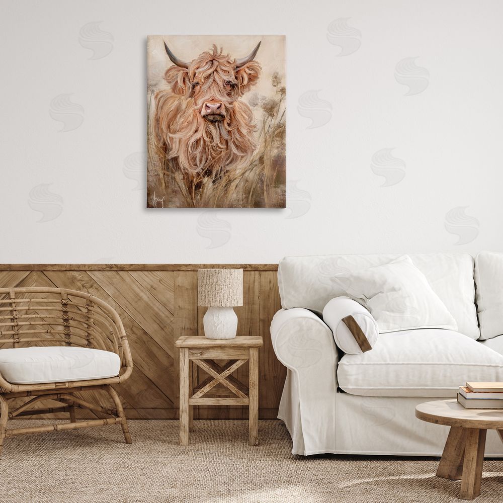 Ashley Bradley Curly Haired Highland Cattle Stretched Canvas Wall Art Print in Room