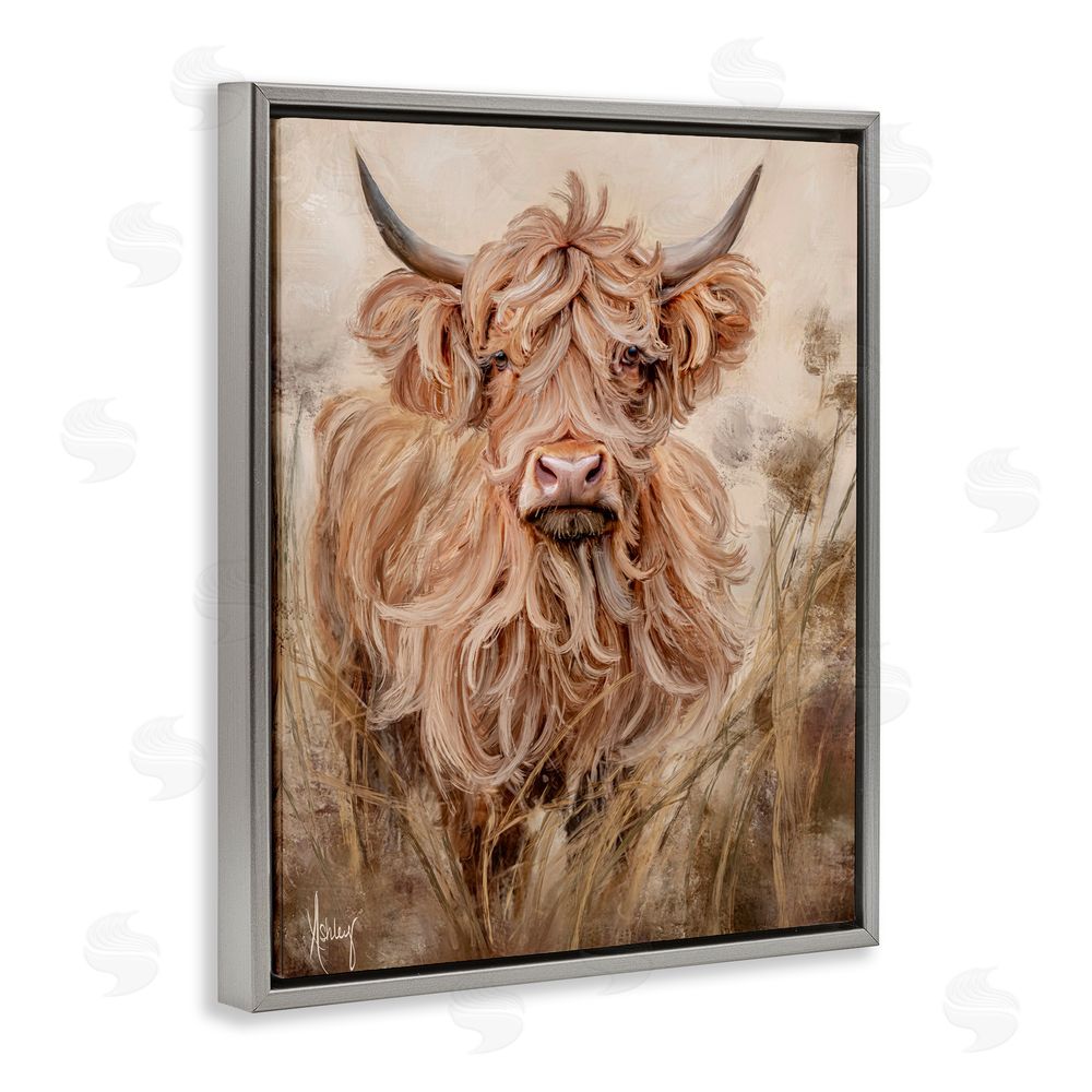 Ashley Bradley Curly Haired Highland Cattle Gray Floating Frame Canvas Wall Art Print