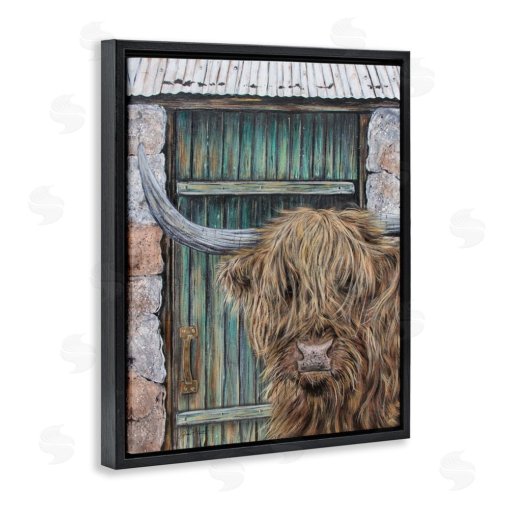 Jean Plout Highland Cow by Barn Door Black Floating Frame Canvas Wall Art Print