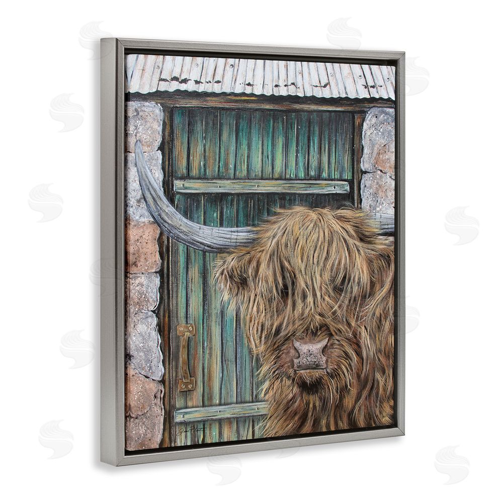 Jean Plout Highland Cow by Barn Door Gray Floating Frame Canvas Wall Art Print