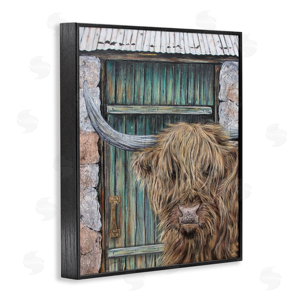 Jean Plout Highland Cow by Barn Door Black Framed Giclee Print Wall Art
