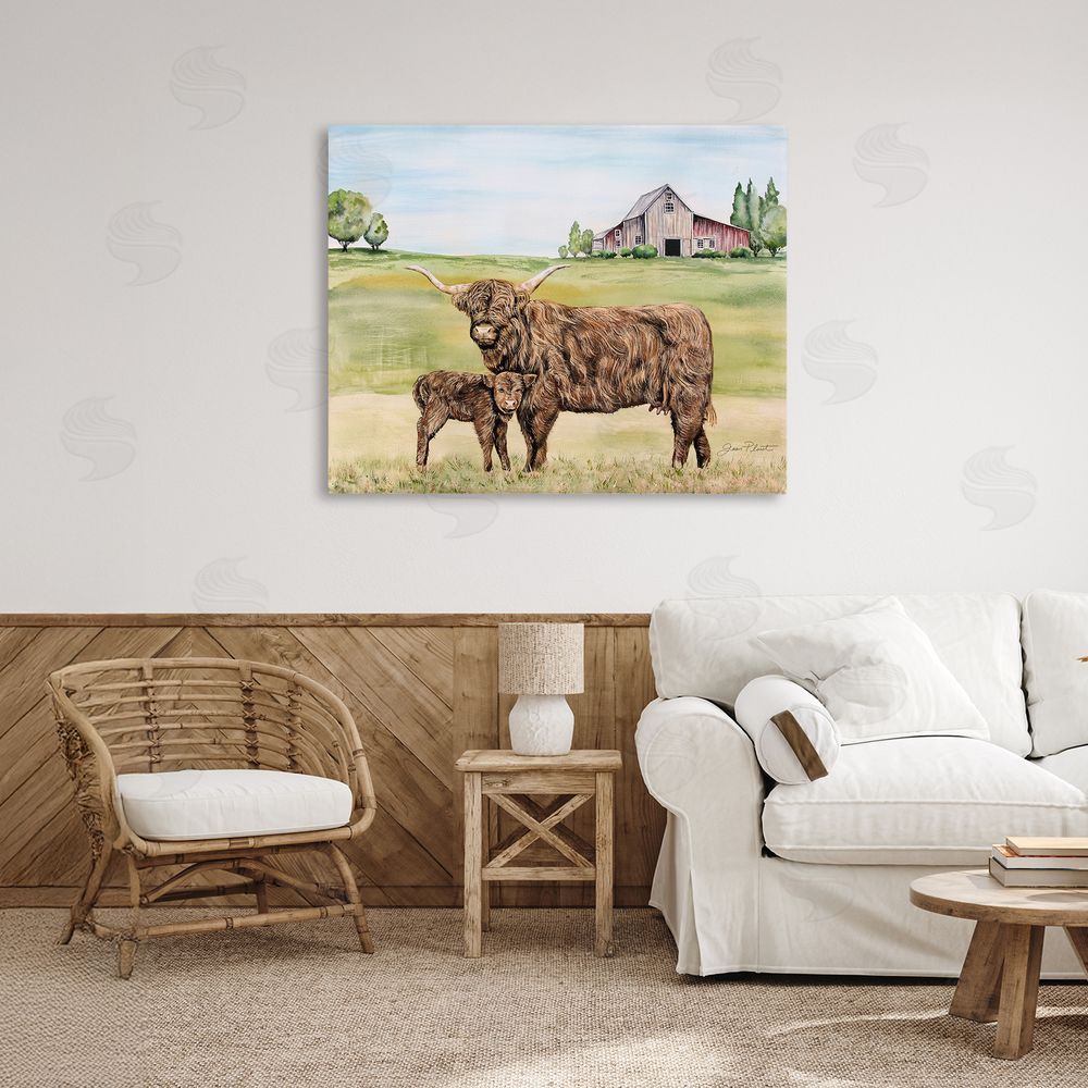 Jean Plout Highland Cow And Calf Stretched Canvas Wall Art Print in Room