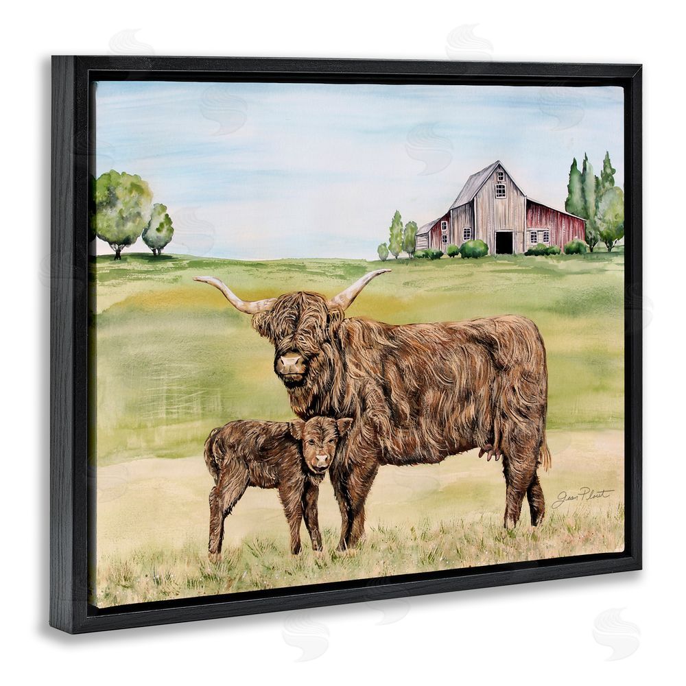 Jean Plout Highland Cow And Calf Black Floating Frame Canvas Wall Art Print