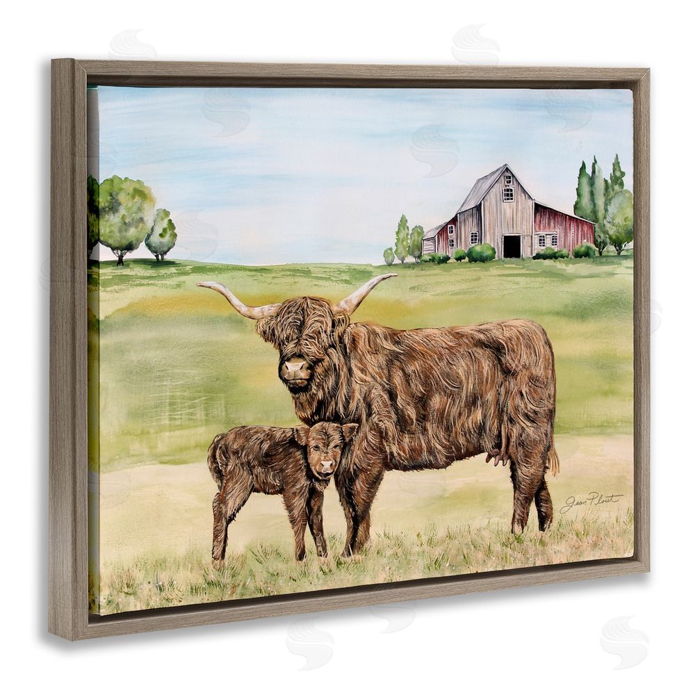 Jean Plout Highland Cow And Calf Brown Floating Frame Canvas Wall Art Print