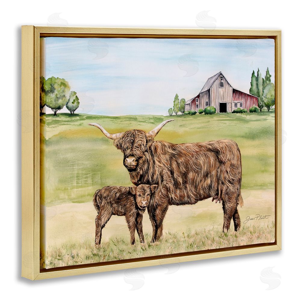 Jean Plout Highland Cow And Calf Gold Floating Frame Canvas Wall Art Print
