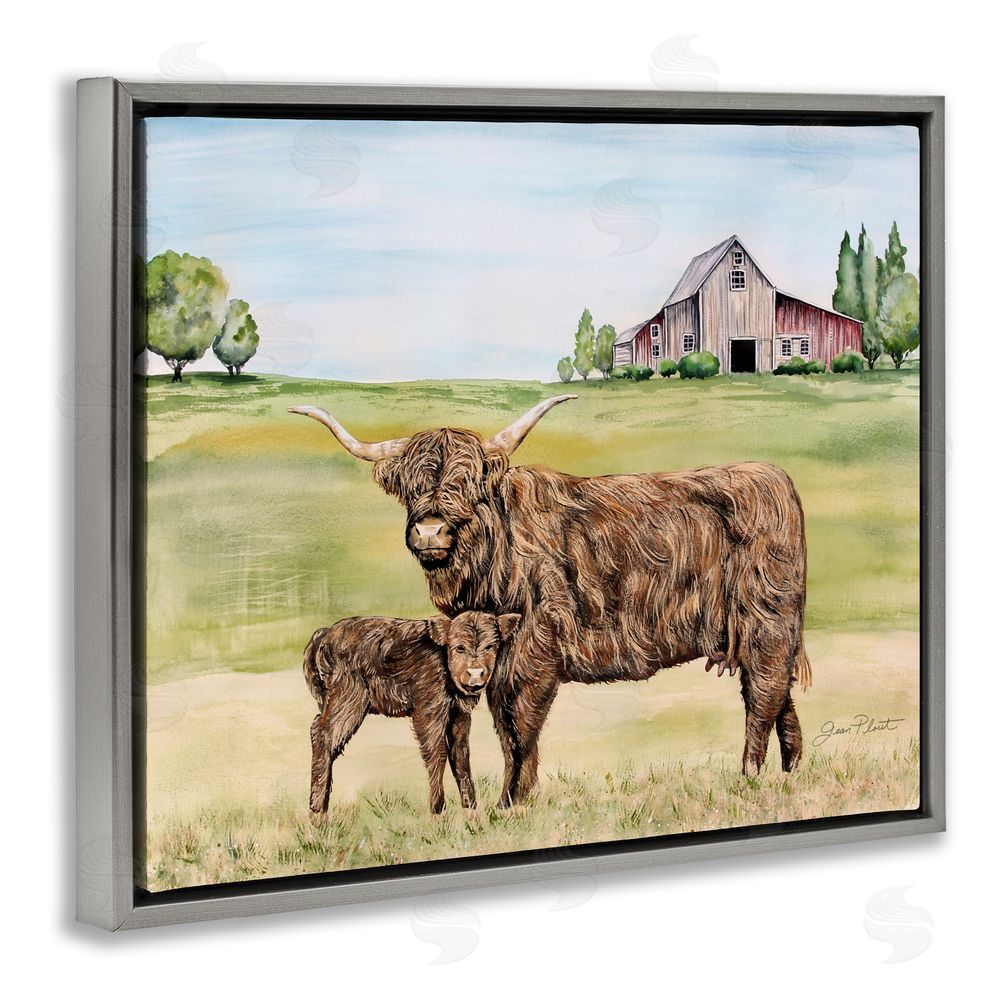 Jean Plout Highland Cow And Calf Gray Floating Frame Canvas Wall Art Print