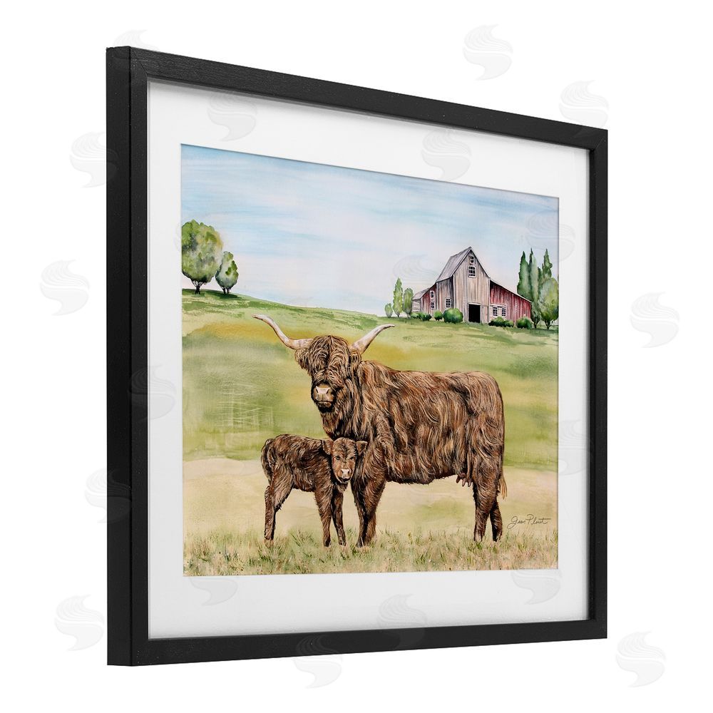 Jean Plout Highland Cow And Calf Black Framed Print Under Glass Wall Art