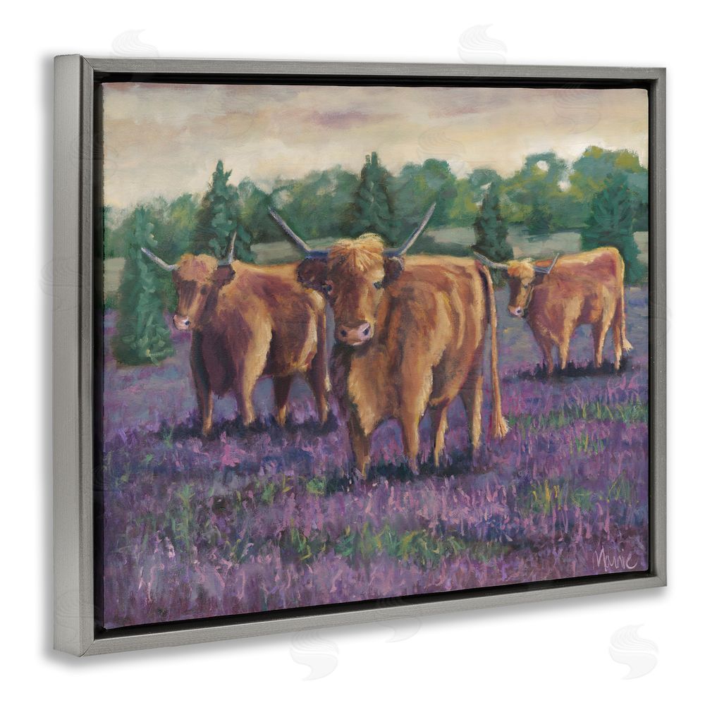Marnie Bourque Purple Fields & Cows Gray Floating Frame Canvas Wall Art Print