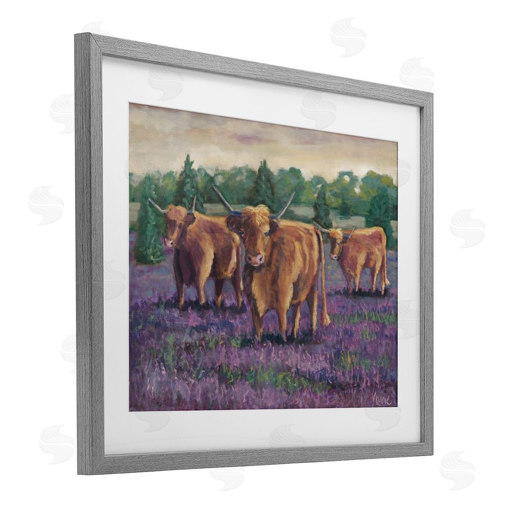 Marnie Bourque Purple Fields & Cows Gray Framed Print Under Glass Wall Art