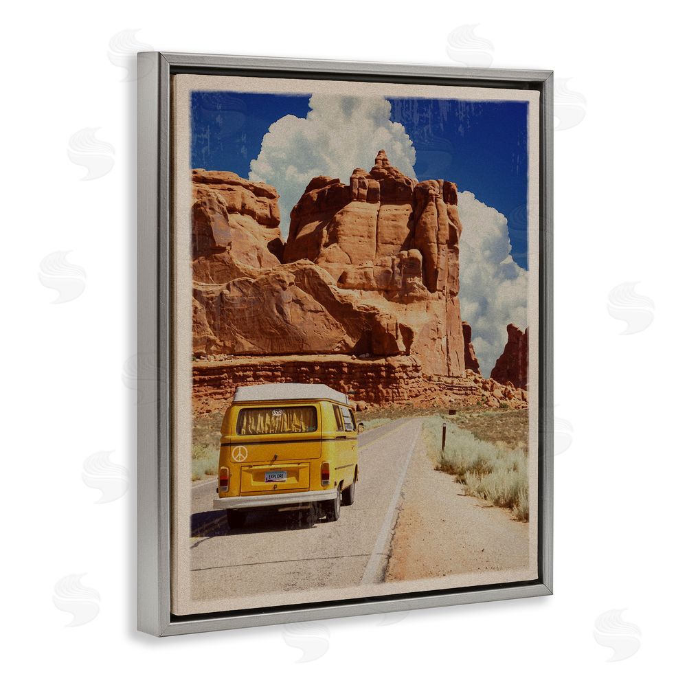 Old Red Truck Retro Desert Adventure Gray Floating Frame Canvas Wall Art Print