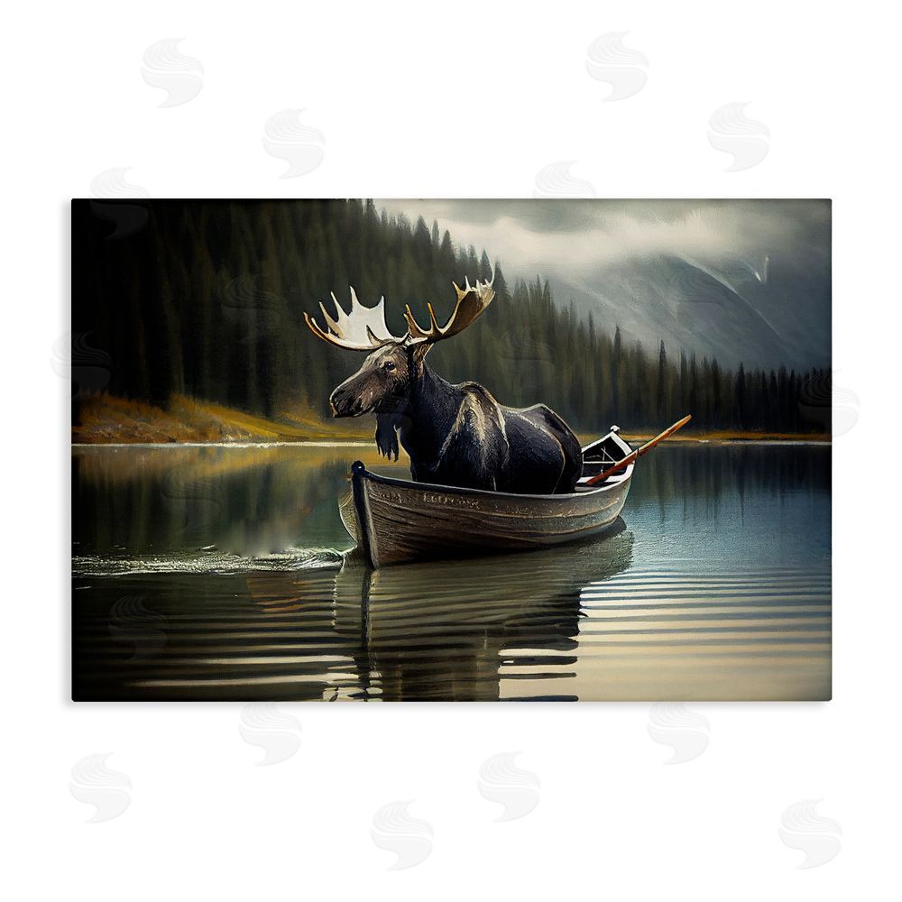 Sasha Moose in Canoe Tranquility Stretched Canvas Wall Art Print