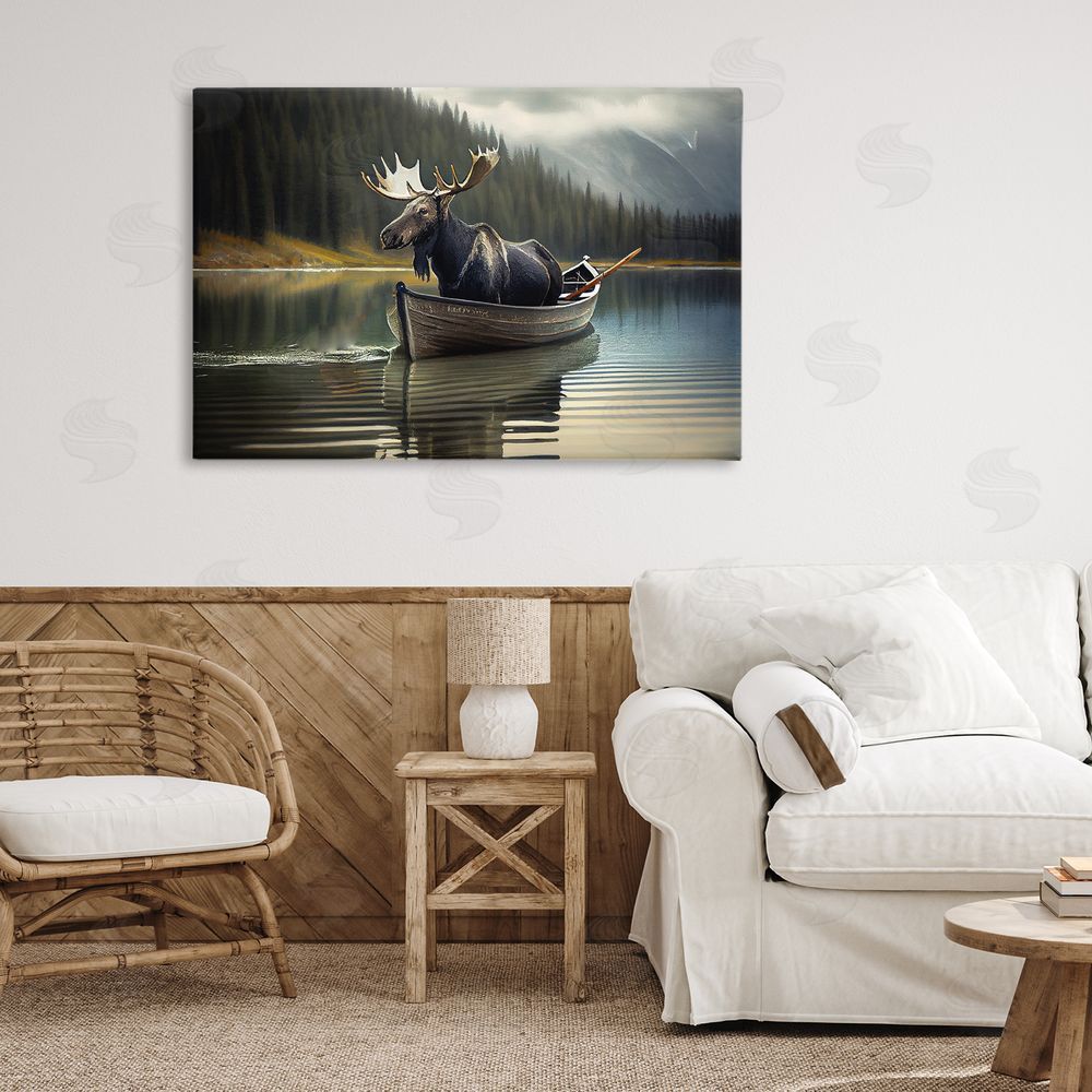 Sasha Moose in Canoe Tranquility Stretched Canvas Wall Art Print in Room