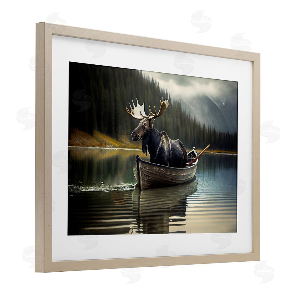 Sasha Moose in Canoe Tranquility Brown Framed Print Under Glass Wall Art
