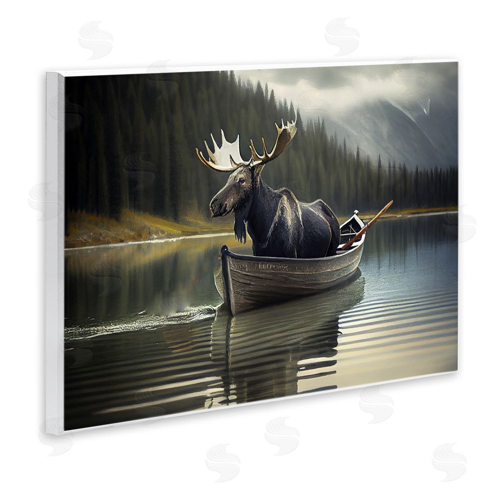 Sasha Moose in Canoe Tranquility Wooden Wall Plaque Art Print