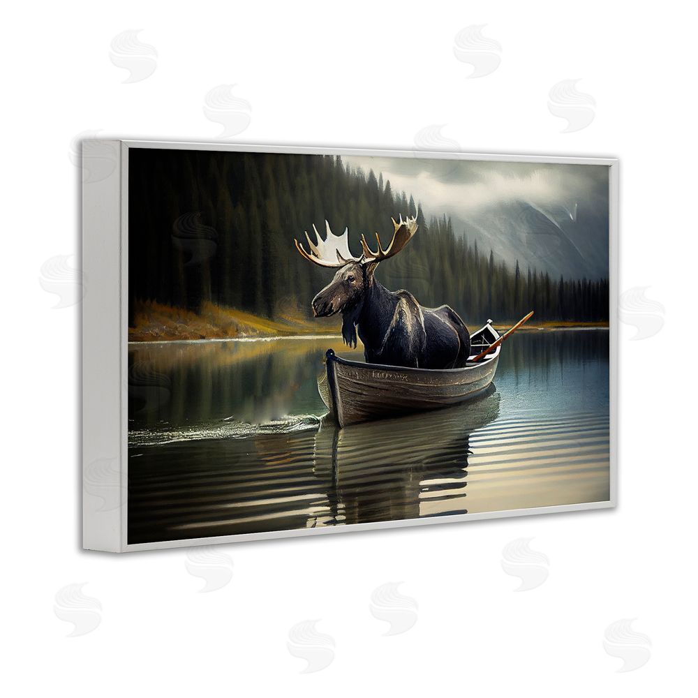 Sasha Moose in Canoe Tranquility White Framed Giclee Print Wall Art