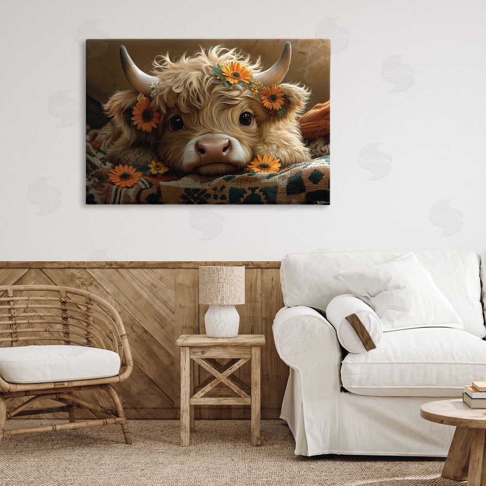 Momart Adorable Flower Bedecked Cattle Stretched Canvas Wall Art Print in Room