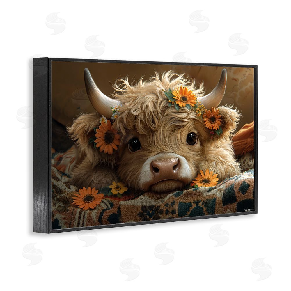 Momart Adorable Flower Bedecked Cattle Black Framed Giclee Print Wall Art