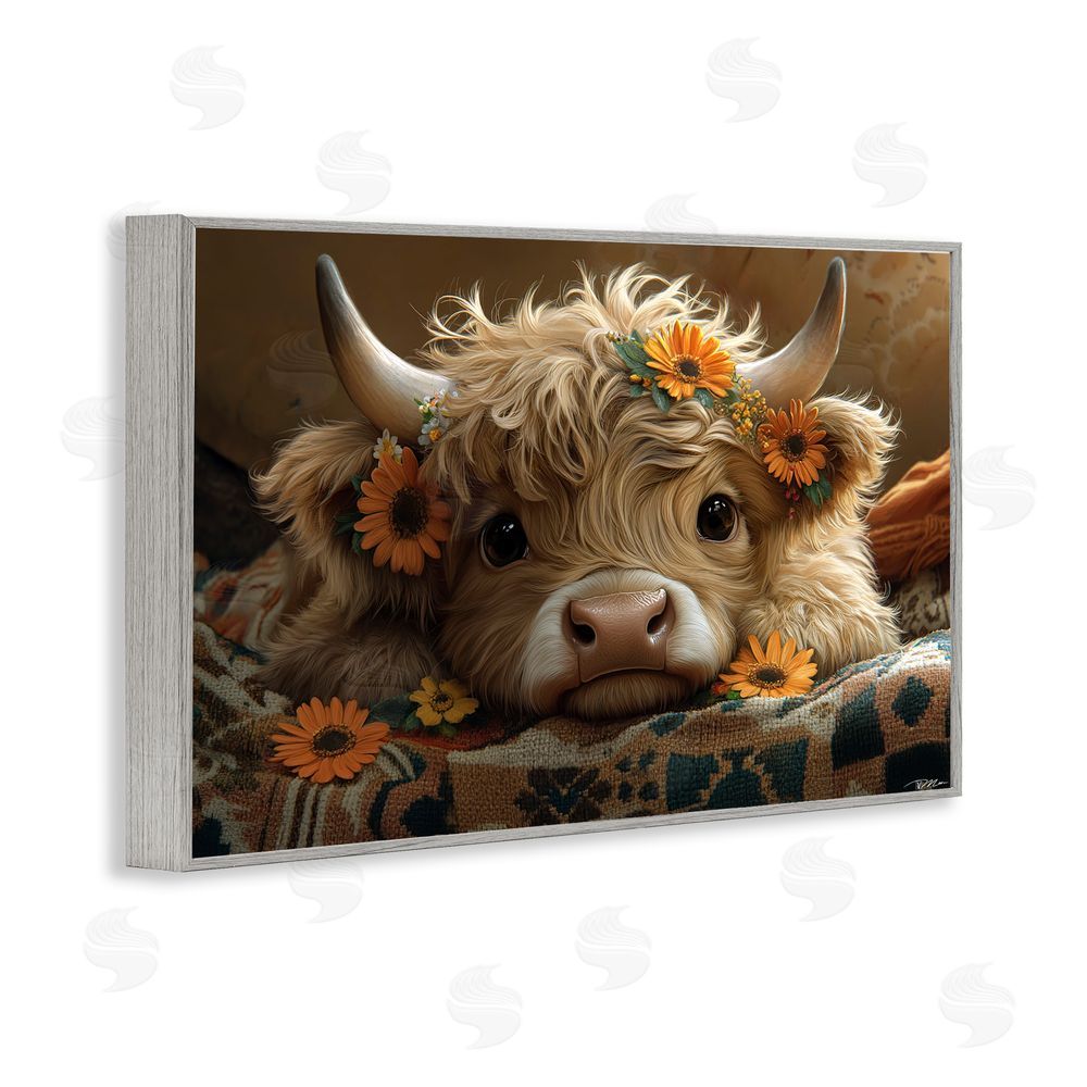 Momart Adorable Flower Bedecked Cattle Gray Framed Giclee Print Wall Art