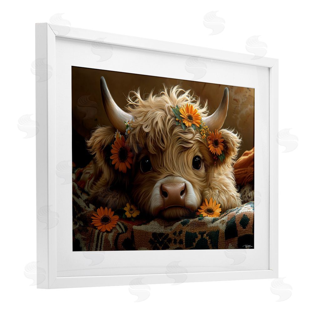 Momart Adorable Flower Bedecked Cattle White Framed Print Under Glass Wall Art