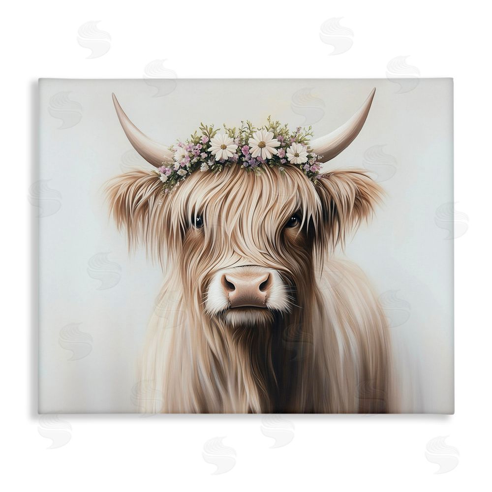 Shawna Stewart Shaggy Cattle Floral Crown Stretched Canvas Wall Art Print